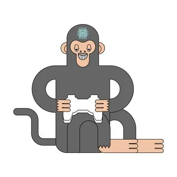Neuralink Chip in monkeys brain. Monkey playing video game. Artificial Intell Stock-Illustration