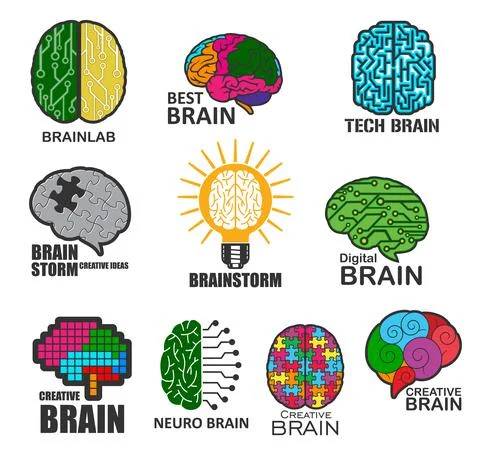 Neuro tech brain, brainstorm and brain lab icons Stock Illustration