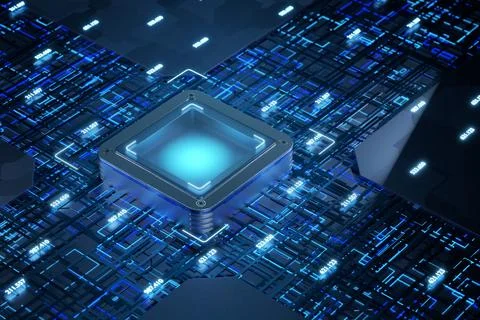 Neurochip. Close-up view of a modern GPU card with circuit and colorful light Stock Illustration