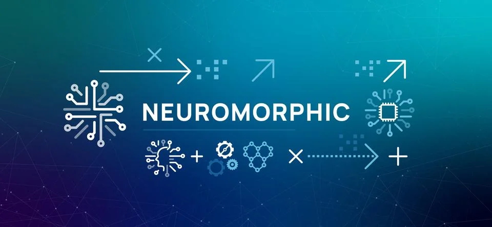 Neuromorphic computing concept on blue gradient background icons show brain Stock Illustration