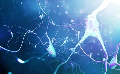 Neuron cells with glowing link knots. 3D illustration Illustrazione stock