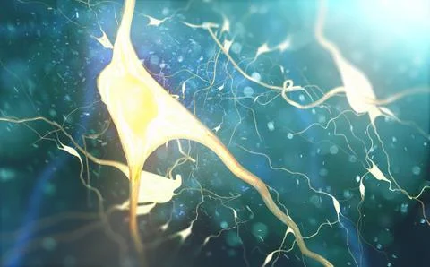 Neuron cells with glowing link knots. 3D illustration Illustrazione stock