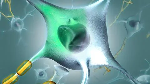 A neuron has three main parts: dendrites, an axon, and a cell body or soma Stock Illustration