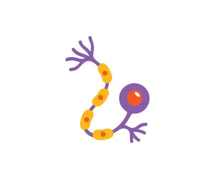 Neuron with round cell body and long axon, in purple and yellow flat color style Stock Illustration
