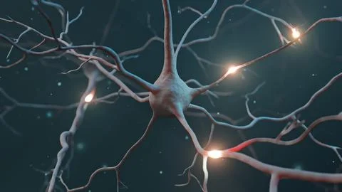 Neuron signal transfer from low to high activity 3D rendered Иллюстрация