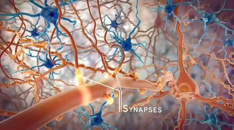 Neurons With Amyloid Plaques, Real Purple Neuron synapse network 3D . Mult... Stock Photos