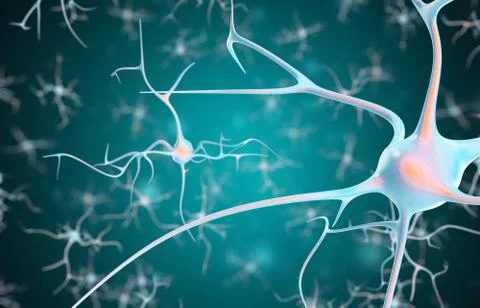 Neurons in the brain with focus effect. 3d rendering Illustrazione stock