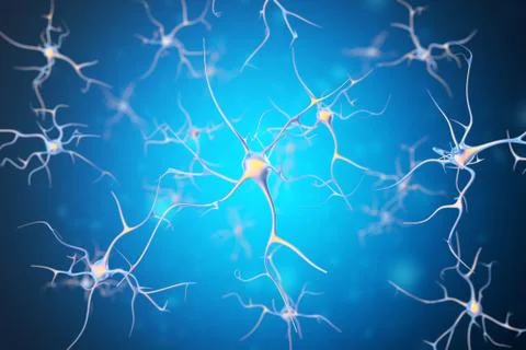 Neurons in the human nervous system with the effect of depth field. 3d rendering Stock Illustration