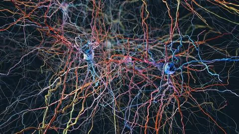 Neurons or nerve cells connected in neuronal network- 3d illustration Stockillustratie