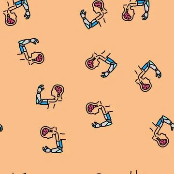 Neuroprosthetic arm connected to brain vector seamless pattern Stock Illustration