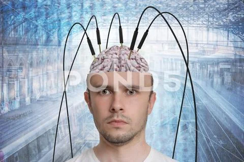 Neuroscience and brain research concept. Reconstruction of memory. Young man Stock Illustration