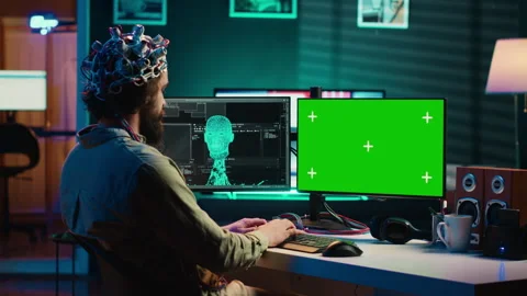 Neuroscientist engineering transhumanism experiment on isolated screen PC Stock Footage 266950611