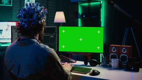 Neuroscientist engineering transhumanism experiment on isolated screen PC Stock Footage 267044956