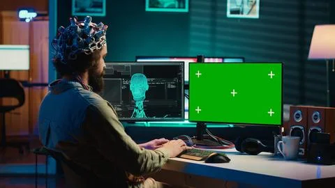 Neuroscientist engineering transhumanism experiment on isolated screen PC Stock Photos