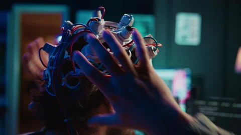 Neuroscientist uploads brain into cyberspace, gaining digital persona, close up Stock Footage 266954035
