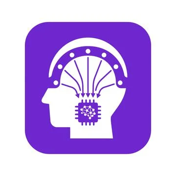 Neurostimulation device vector icon depicting brain chip and electrode helmet Stock Illustration