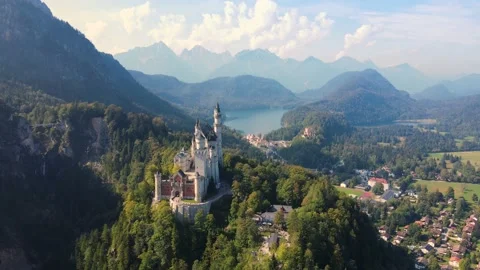 Neuschwanstein Castle, Bavaria, Germany - Aerial, Drone 4K 24fps, 146 Mbps Stock Footage
