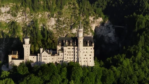 Neuschwanstein castle changing light during day, aerial view Video stock 316313695