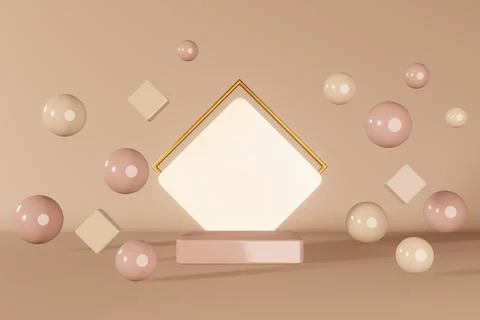 Neutral beige cube podium stage 3d render. Geometric glossy brown pedestal ma Stock Illustration