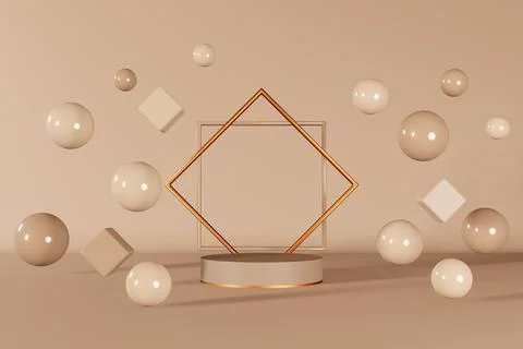 Neutral beige cube podium stage 3d render. Geometric glossy brown pedestal ma Stock Illustration