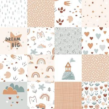 Neutral beige seamless patchwork quilt kawaii pattern for babies and newborns Stockillustratie