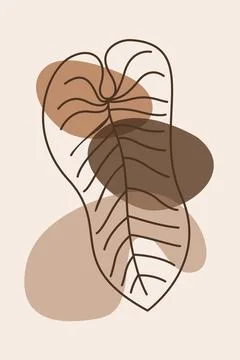 Neutral Boho Monstera Leaf Illustration with Brown Organic Shapes Stock Illustration
