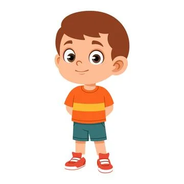 Neutral Boy with Hands Behind Back Flat Cartoon Character Stock Illustration