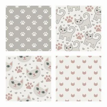 Neutral cute cats seamless pattern set with kittens paws and hearts 库存插图