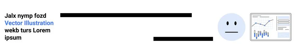 Neutral face emotion, text blocks with blue and black lines, and a data analy Stock Illustration