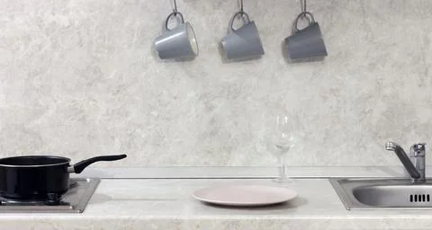 Neutral kitchen interior in gray tones. indoors. Foto stock