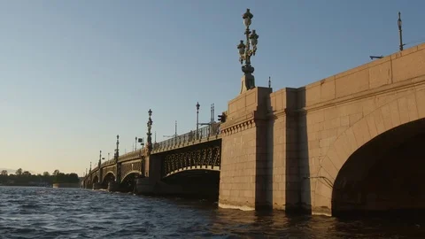 Neva river and Trinity (Troitsky) bridge in the sunset in the summer Stock Footage 81894104