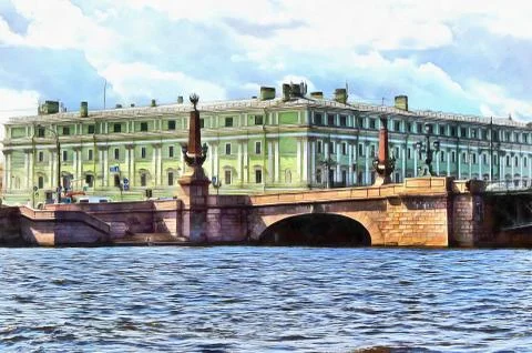 Neva river Columns-obelisks of Trinity bridge and Marble Palace Stock Illustration