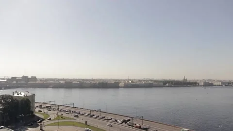 Neva river, cruiser Aurora, Trinity Bridge, Liteyny Bridge in St. Petersburg Stock Footage 146787646