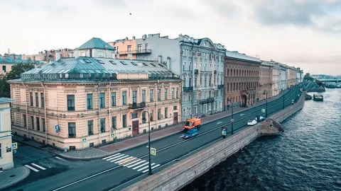 Neva River, Embankment With Houses Stock Footage