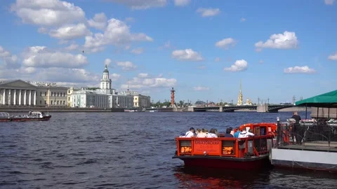 Neva River, Kunstkamera, Rostral Column, spire of the Peter and Paul Fortress Stock Footage 155730124