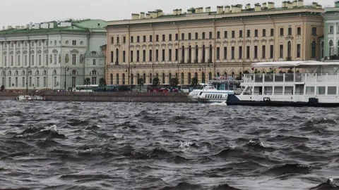 Neva River with passing excursion boats on a rainy autumn day. Stock Footage 340878289