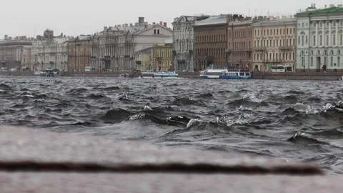Neva River with passing excursion boats on a rainy autumn day. Stock Footage 340878311