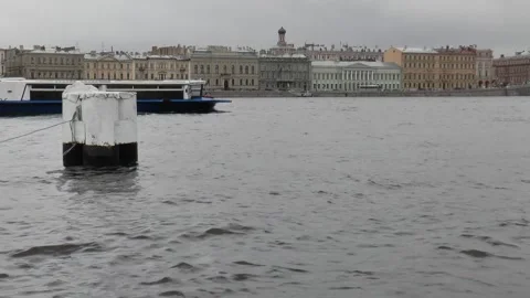 Neva River with passing excursion boats on a rainy autumn day. Stock Footage 340878320