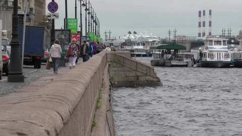 Neva River with passing excursion boats on a rainy autumn day. Stock Footage 340878359