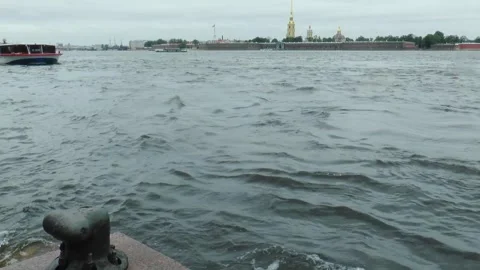 Neva River with passing excursion boats on a rainy autumn day. Stock Footage 340878360