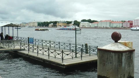 Neva River with passing excursion boats on a rainy autumn day. Stock Footage 340878383