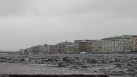 Neva River with passing excursion boats on a rainy autumn day. Stock Footage 340878397