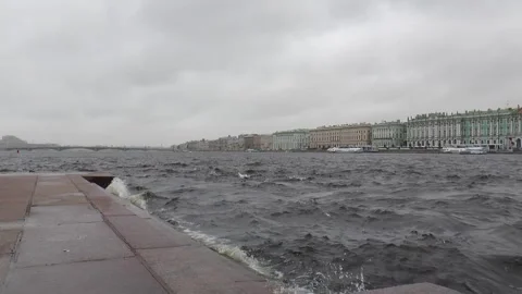 Neva River with passing excursion boats on a rainy autumn day. Stock Footage 340878398
