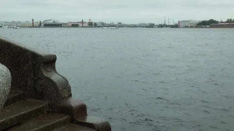 Neva River with passing excursion boats on a rainy autumn day. Stock Footage 340878411