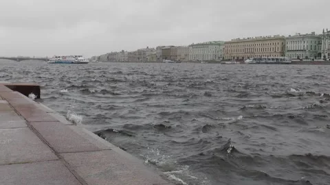 Neva River with passing excursion boats on a rainy autumn day. Stock Footage 340878432