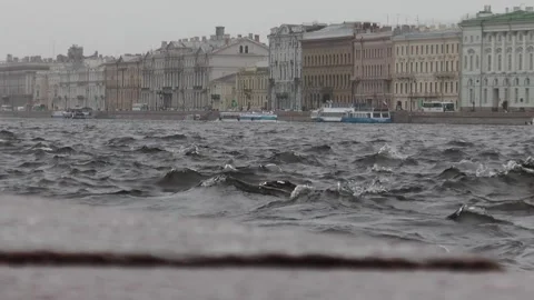 Neva River with passing excursion boats on a rainy autumn day. Stock Footage 340878436