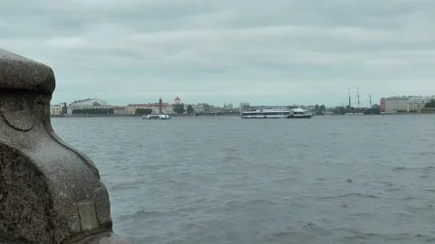 Neva River with passing excursion boats on a rainy autumn day. Stock Footage 340878441