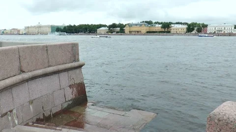 Neva River with passing excursion boats on a rainy autumn day. Stock Footage 340878444