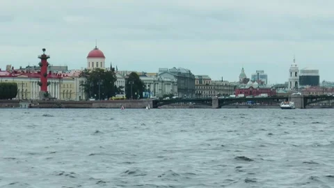 Neva River with passing excursion boats on a rainy autumn day. Stock Footage 340878456