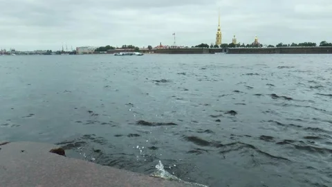 Neva River with passing excursion boats on a rainy autumn day. Stock Footage 340878459